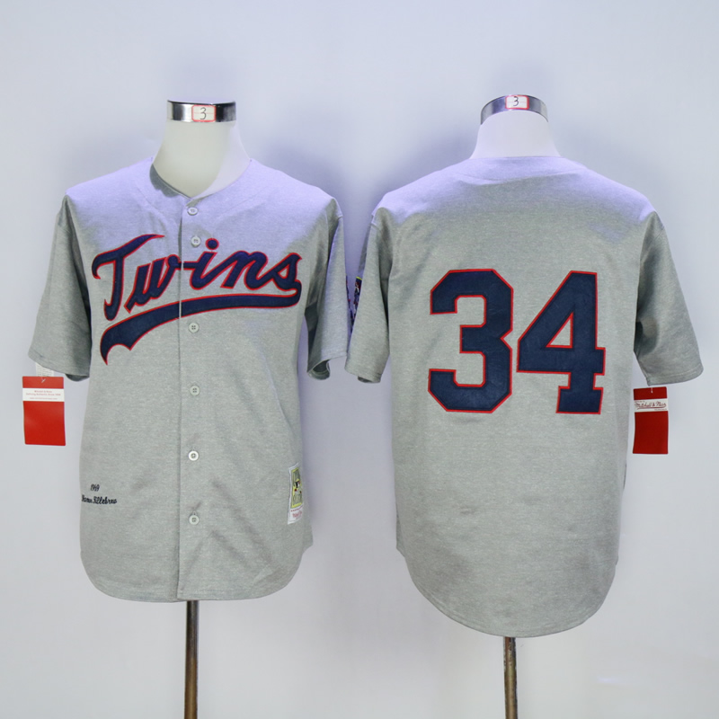 Men Minnesota Twins #34 Puckett Grey Throwback 1969 MLB Jerseys->minnesota twins->MLB Jersey